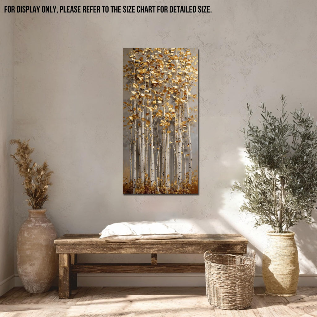 Birch Tree Canvas Wall Art, Gold-Tone 3D Visual Effect Forest Artwork, Flat-Printed Gallery Wrapped Canvas, Vertical