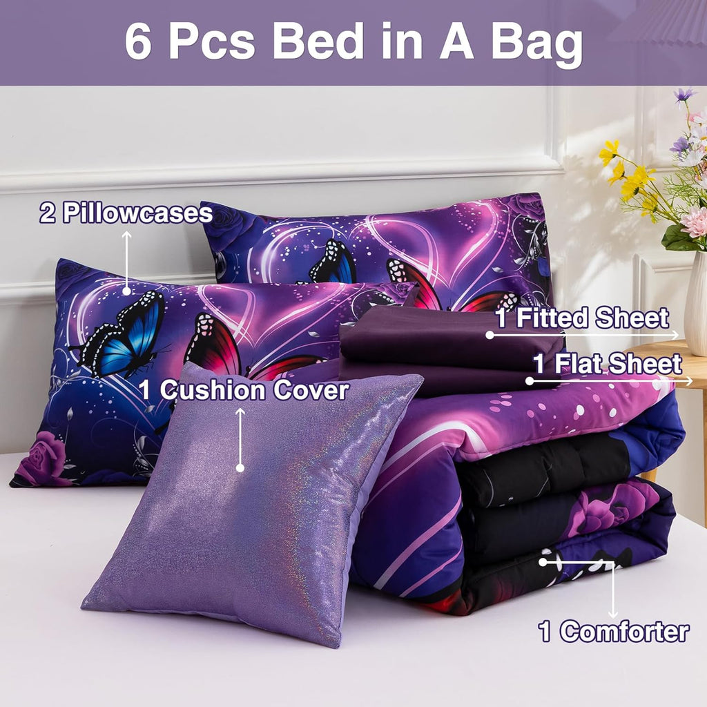Galaxy 6pcs Bed in A Bag and Blue Dreamy 3D Butterfly Printed, Butterflies Bedding Twin Comforter Set, for Girls Kids