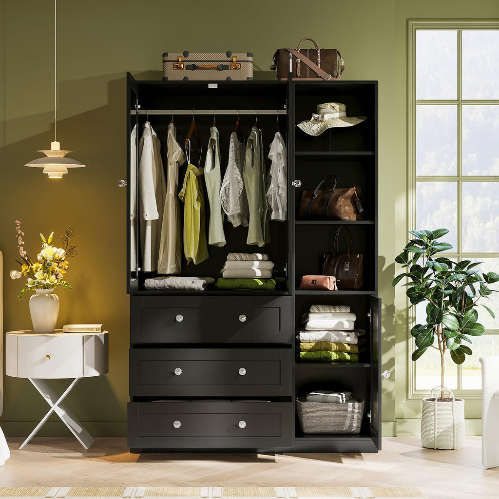 71"H Armoire Wardrobe Closet with Mirror and Open Shelves (1, Black)