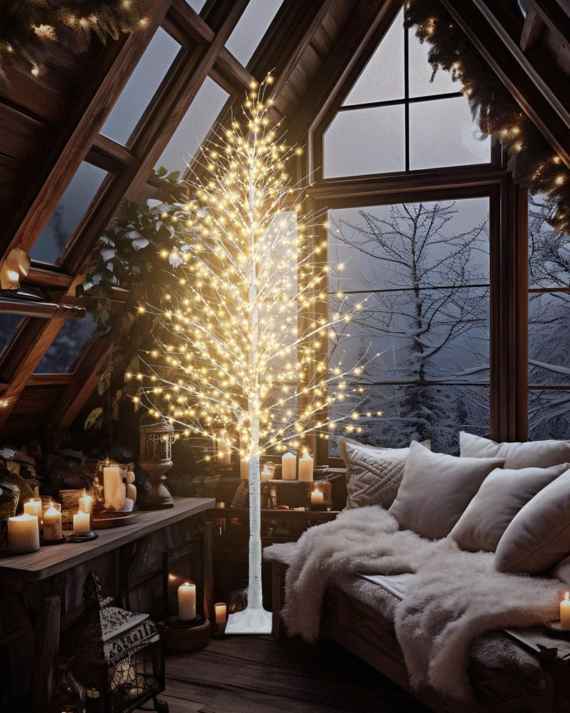 8FT Lighted Birch Tree 1440 LEDs Warm White Lights, 8 Modes Light Up White Artificial Christmas Twig Tree with Timer