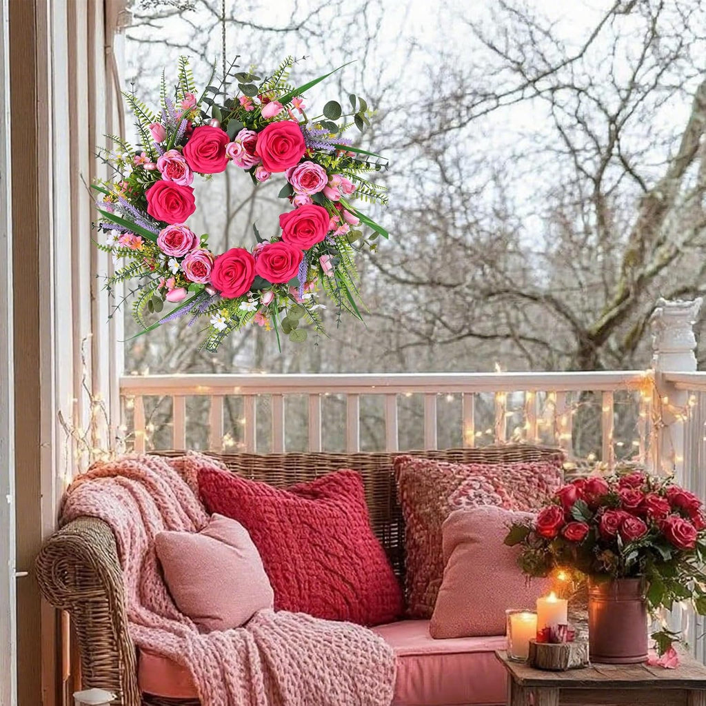 22 Inch Valentines Day Wreaths for Front Door Pink Peony Wreath with Roses Tulips Daisies Valentine Door Decorations