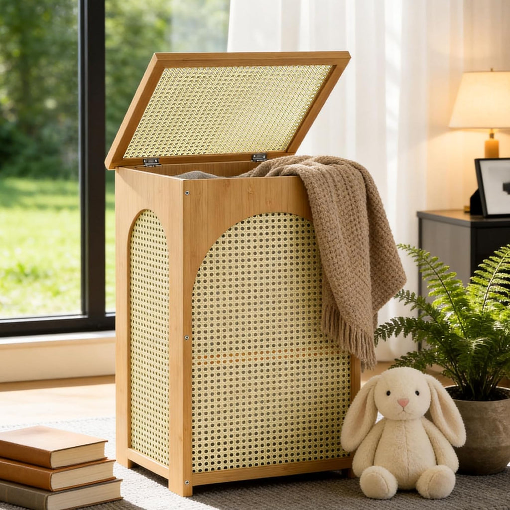 Bamboo Laundry Hamper with Lid, 16.9" x 13.4" x 26.8" Wooden Clothes Basket with Removable Liner Bag, Space-Saving