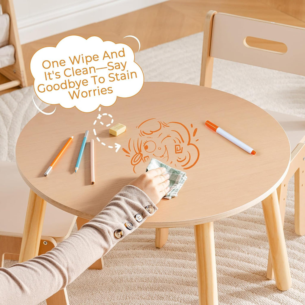 Wooden Kids Table and Chairs, Adjustable Height Toddler Table and Chair Set, Round Kids Desk and Chair Set for Ages