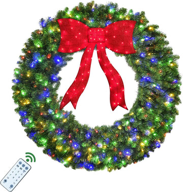 48in Pre-Lit Christmas Wreath with Bow - 270 Colorful LED Lights, 700 PVC Tips, Timer, Remote, Large Outdoor Holiday