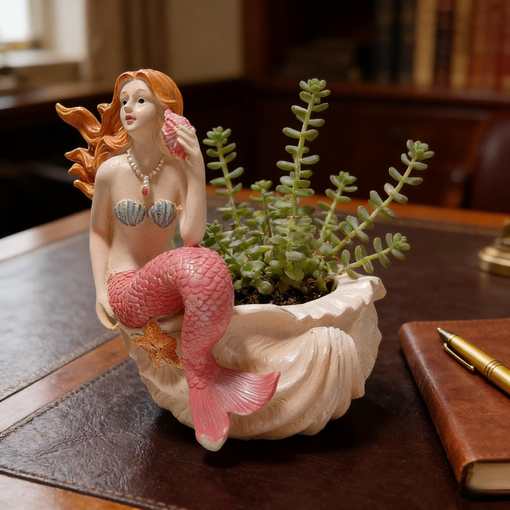 Mermaid Resin Planter Statue, Conch Base Succulent Flower Pot Garden Nautical Decor (Pink)