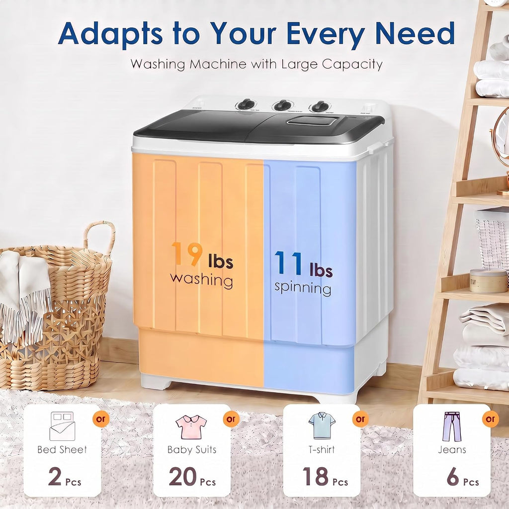 Portable Washing Machine 30Lbs Capacity Washer and Dryer Combo 2 In 1 Compact Twin Tub Laundry Washer (19Lbs) & Spinner (11Lbs) with Built-in Drain Pump, Time Control, for Apartment Dorms RV