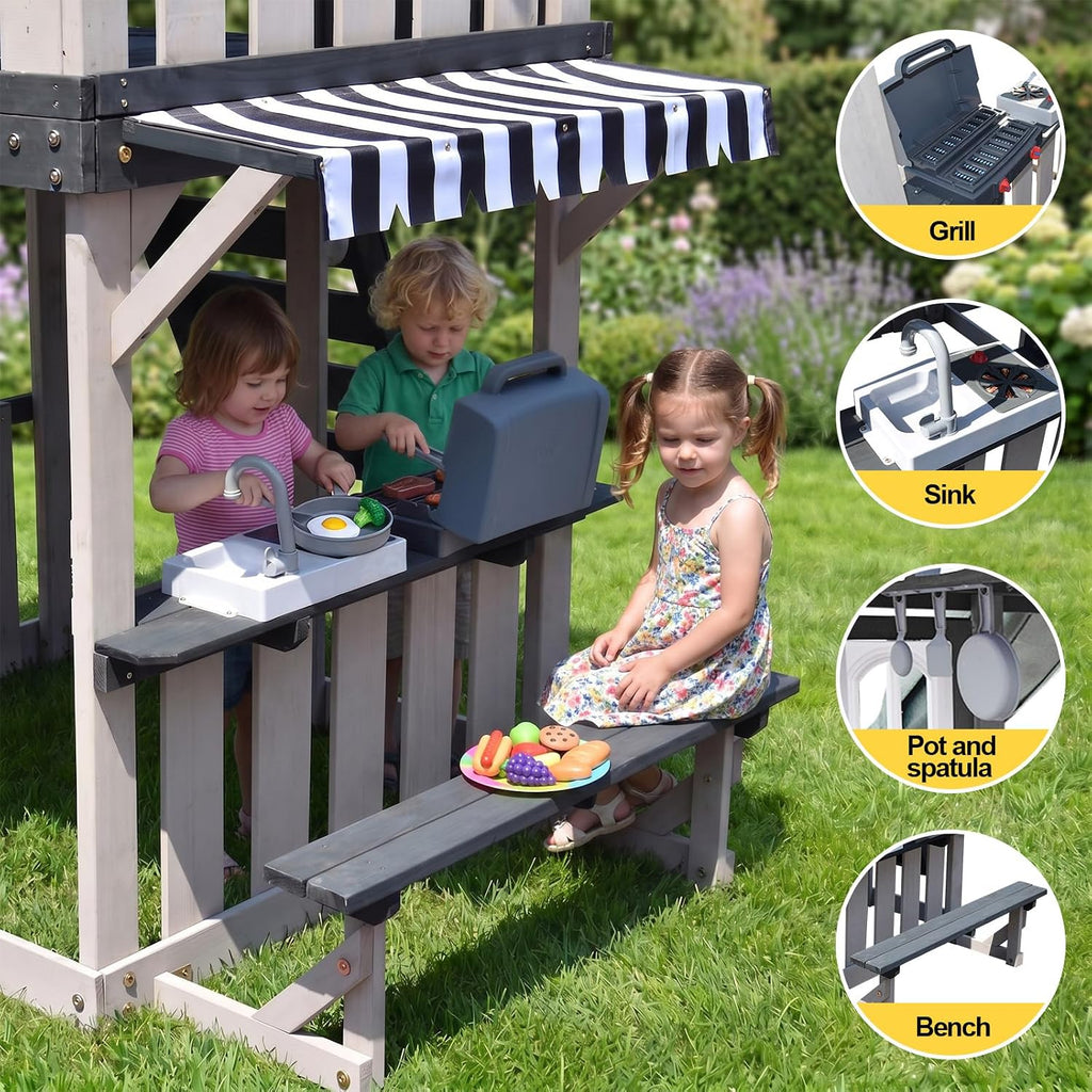 Cedar Wood Swing Set with Slide,Rock Wall,Belt Swings,Tic-Tac-Toe, Play Kitchen for Kids Backyard Outdoor