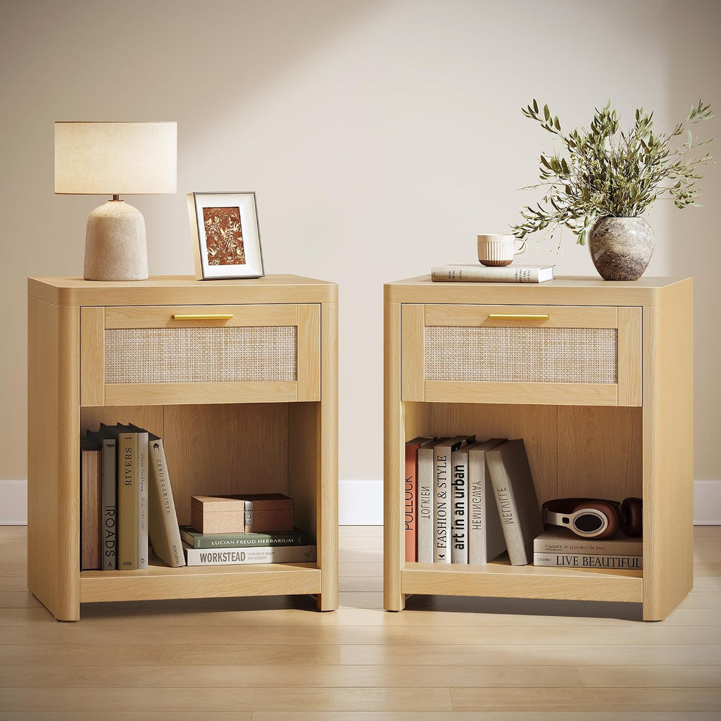 Boho Nightstands with Rattan-Look Drawer, Set of 2 Accent Side End Tables with Open Compartment, Rounded