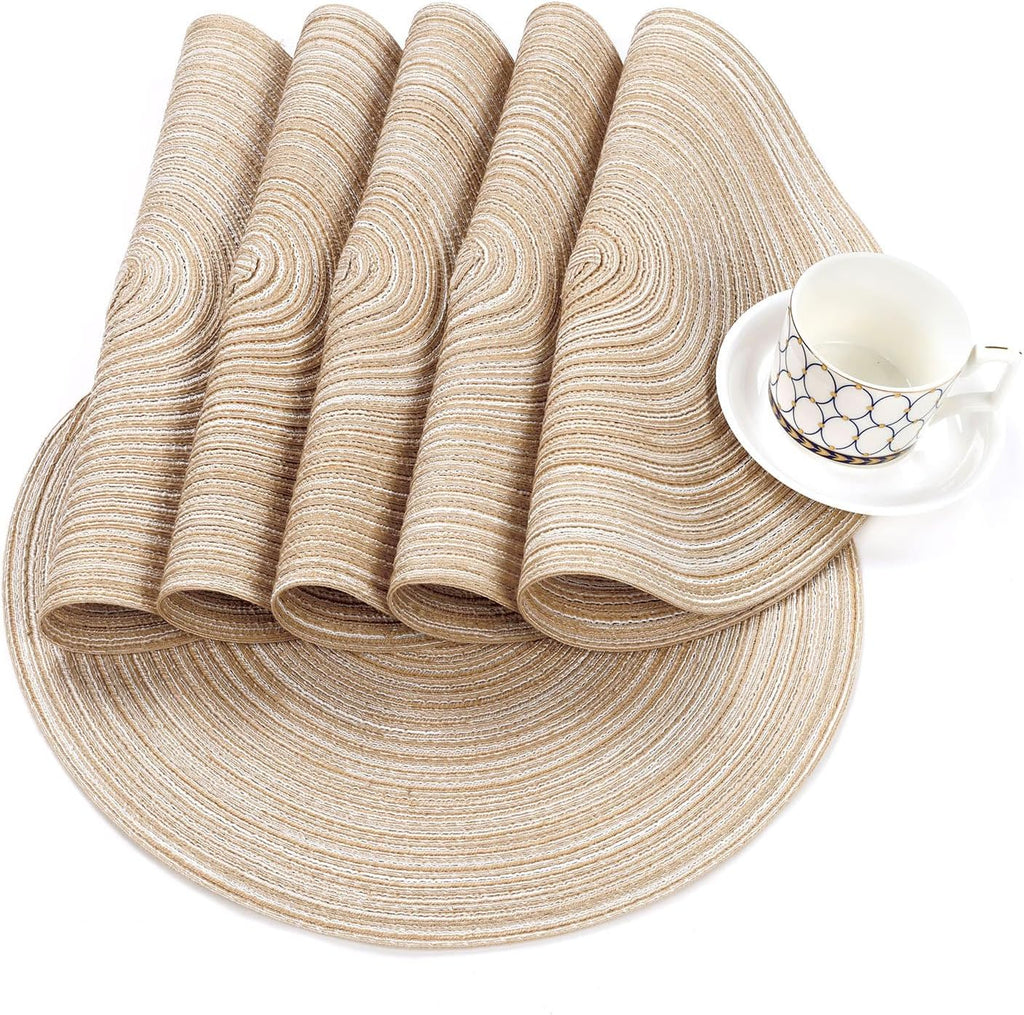 15 inch Round Placemats, Cotton Polyester Woven Braided Place Mats, Washable Heat Resistant Circle Table - Set of 6