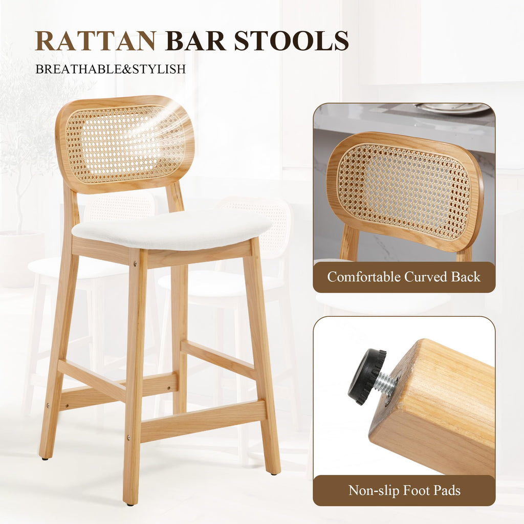 Rattan Bar Stools Set of 3, Upholstered Farmhouse Barstools with Woven Back, Boho Wood Kitchen Island Chairs, Comfy