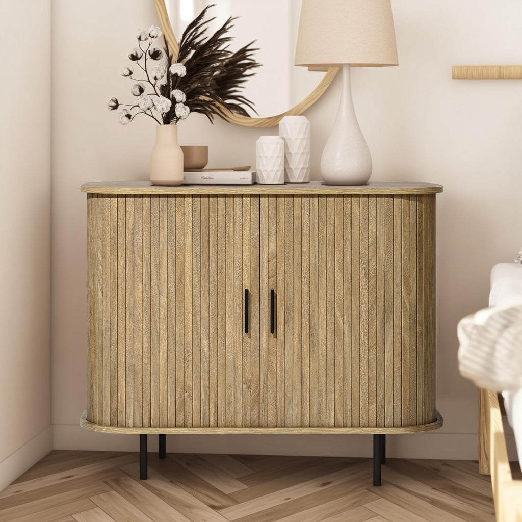 LuxenHome 35" Oak Small Buffet Cabinet with Storage, Accent Cabinet
