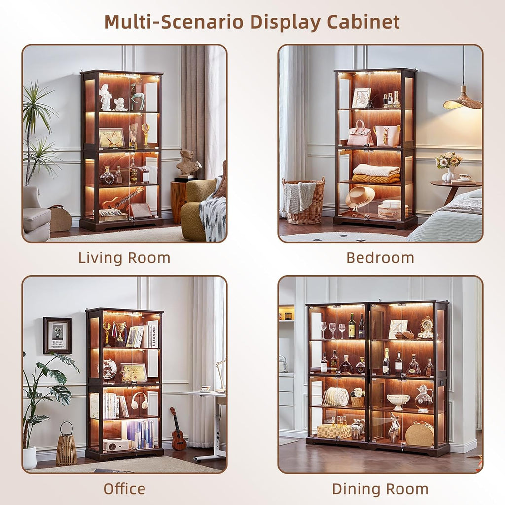 Farmhouse Glass Display Cabinet with Lock, Walnut | Wooden Curio Cabinets with Glass Doors, 3-Color Motion-Sensor