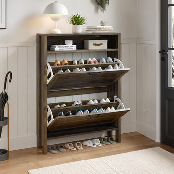 Shoe Cabinet with Open Shelf, 9.2" Slim Shoe Storage Cabinet with 2 Flip Drawers, Freestanding Narrow Wooden Shoe