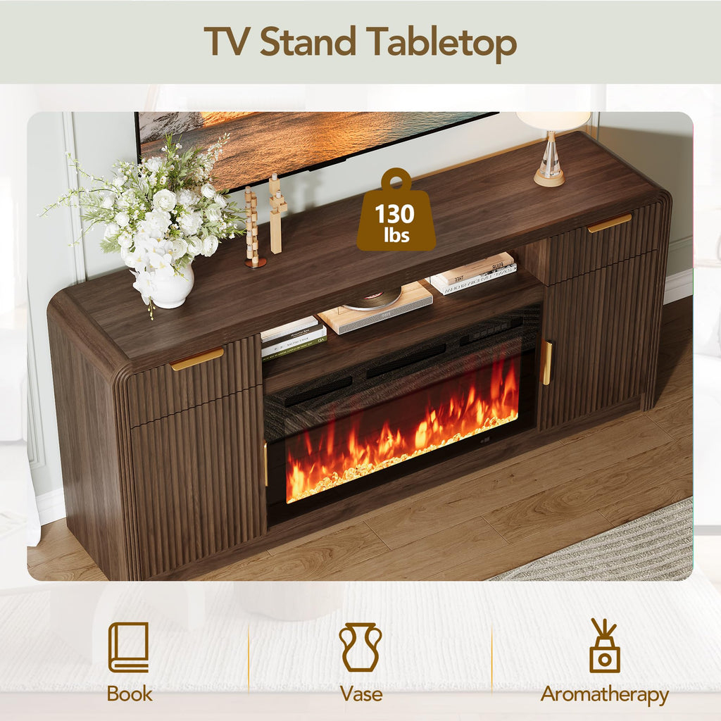 70" Fluted TV Stand with 36" Electric Fireplace, Entertainment Center for TVs Up to 80", Mid Century Modern TV Cabinet