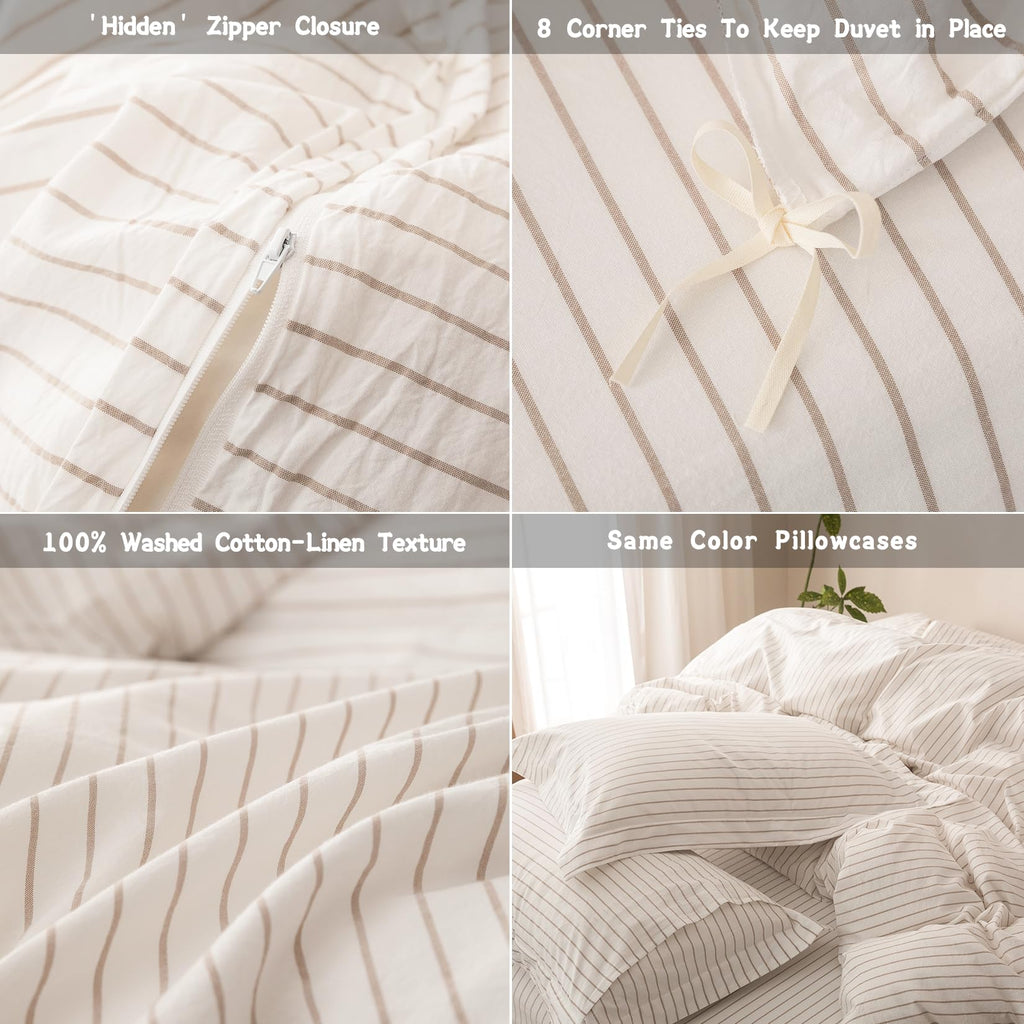 3Pcs Off White & Linen Grey Striped Duvet Cover Set