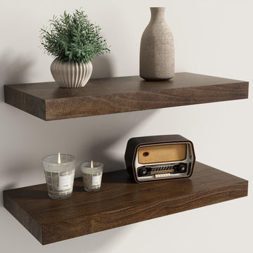 Solid Elm Wood Floating Shelves for Wall, 20 x 8 Inch Modern Rustic Wall Shelves Set of 2 with Invisible Brackets