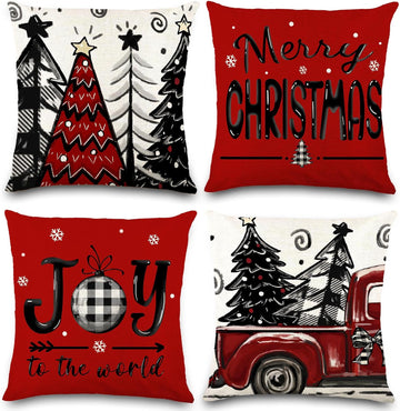Christmas Pillow Covers 18x18 Inch Red Pillow Covers Xmas Decorations Buffalo Tree Truck Merry Christmas Pillows - Set of 4
