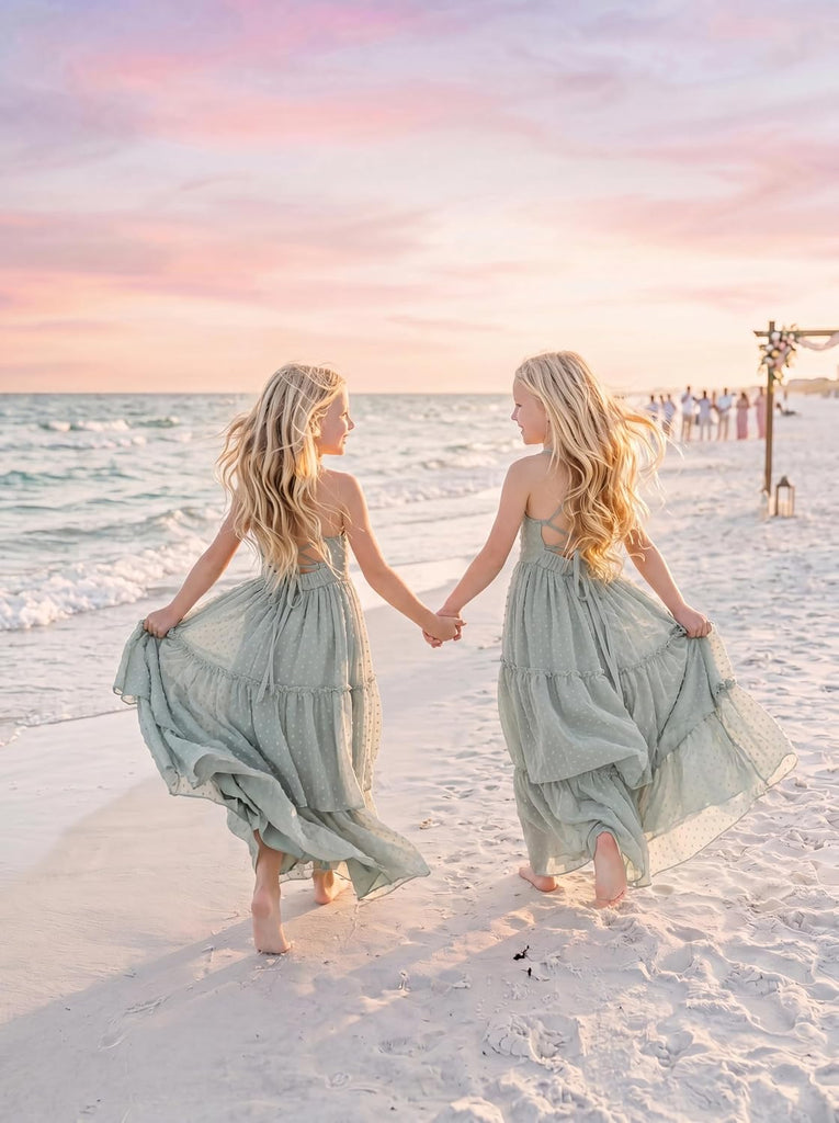 Boho Flower Girl Dresses Swiss Dot Chiffon Girls Backless Dress Beach Wedding Flowy Summer Maxi Gown