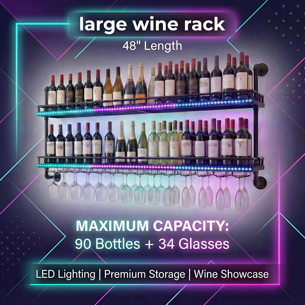 48 Inch Industrial Pipe Wine Rack Wall Mounted with LED Light | 2 Tier Floating Bar Shelves Wine Bottle Display Shelf