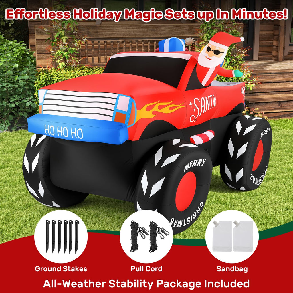 7 FT Long Santa in Monster Truck Christmas Inflatables Outdoor Decorations, Christmas Blow Up Santa Claus Yard