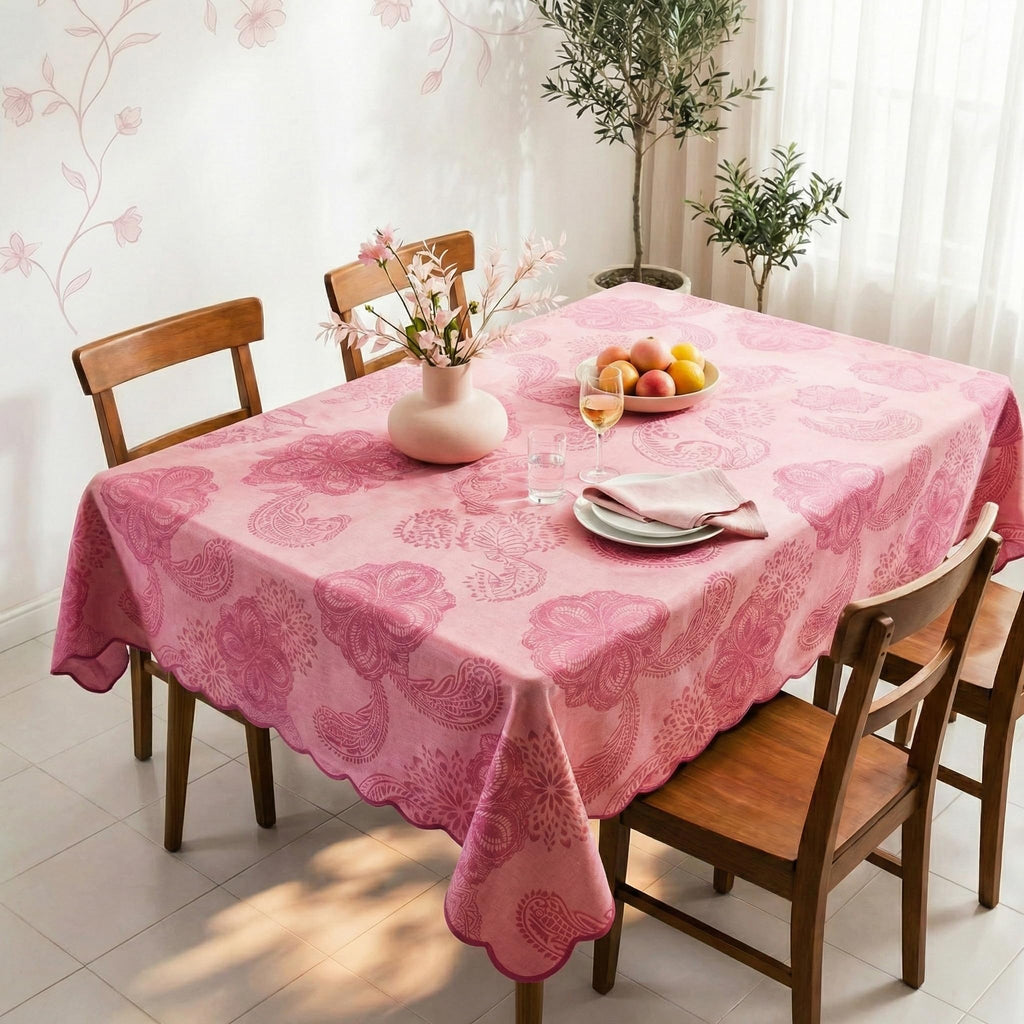 Cotton Damask Print Tablecloth with Scalloped Edge, Machine Washable, Onion Pink, 60 x 90 Inch Rectangle