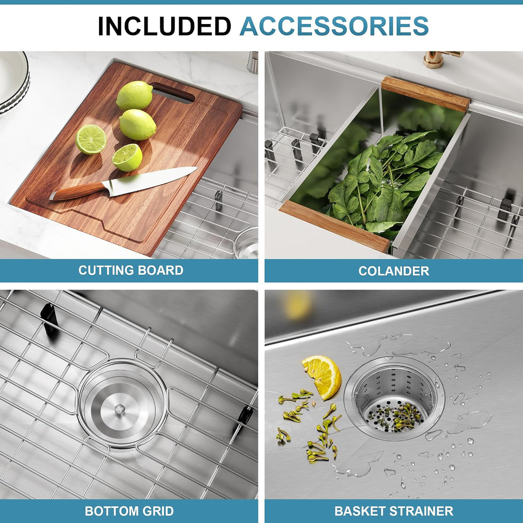 32 Inch Undermount Workstation Handmade Double Bowl Kitchen Sink | 16 Gauge Thickness, 304 Stainless Steel, Brushed