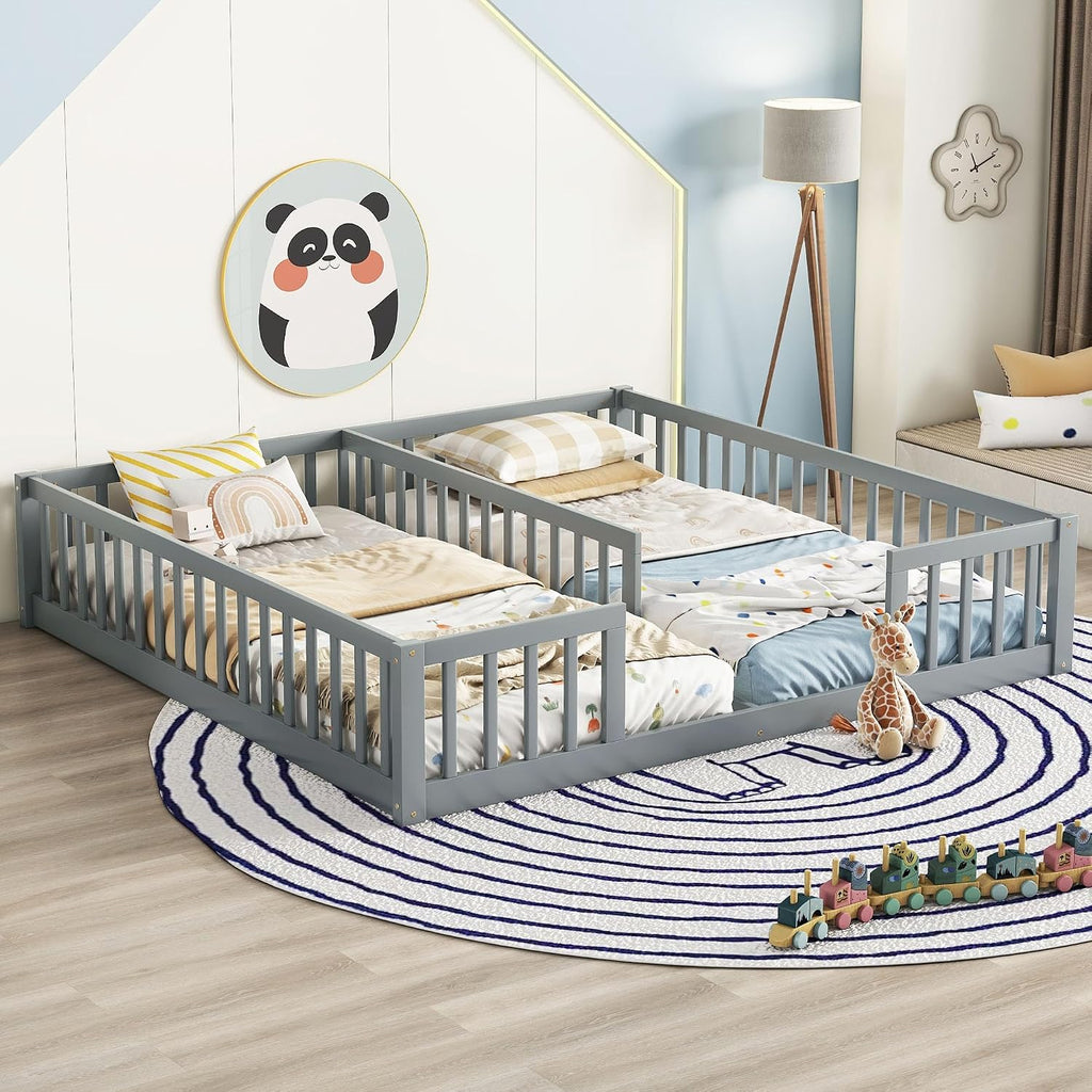 Double Bed for 2 Kids, Montessori Floor Bed for Boys and Girls Bedroom, Solid Wood Montessori Beds with