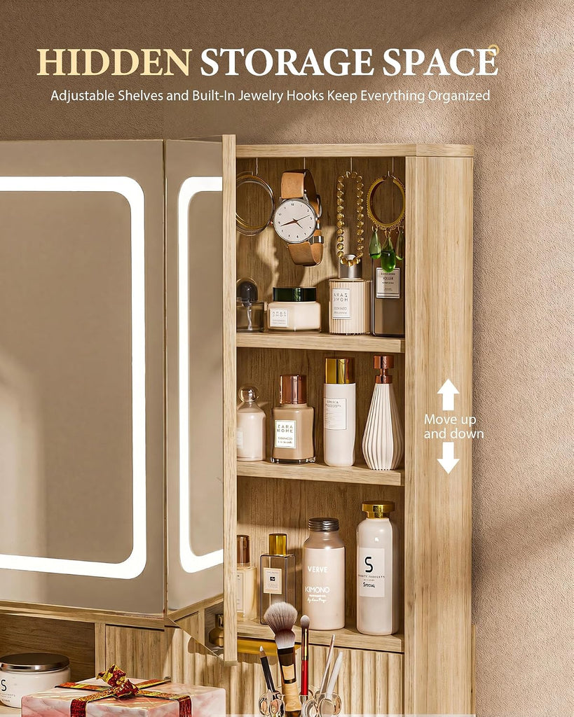 Vanity Desk with 3-Way Mirror and Lights, Makeup Vanity with 360° View Mirror, 3 Lighting Modes, 6 Drawers,Storage