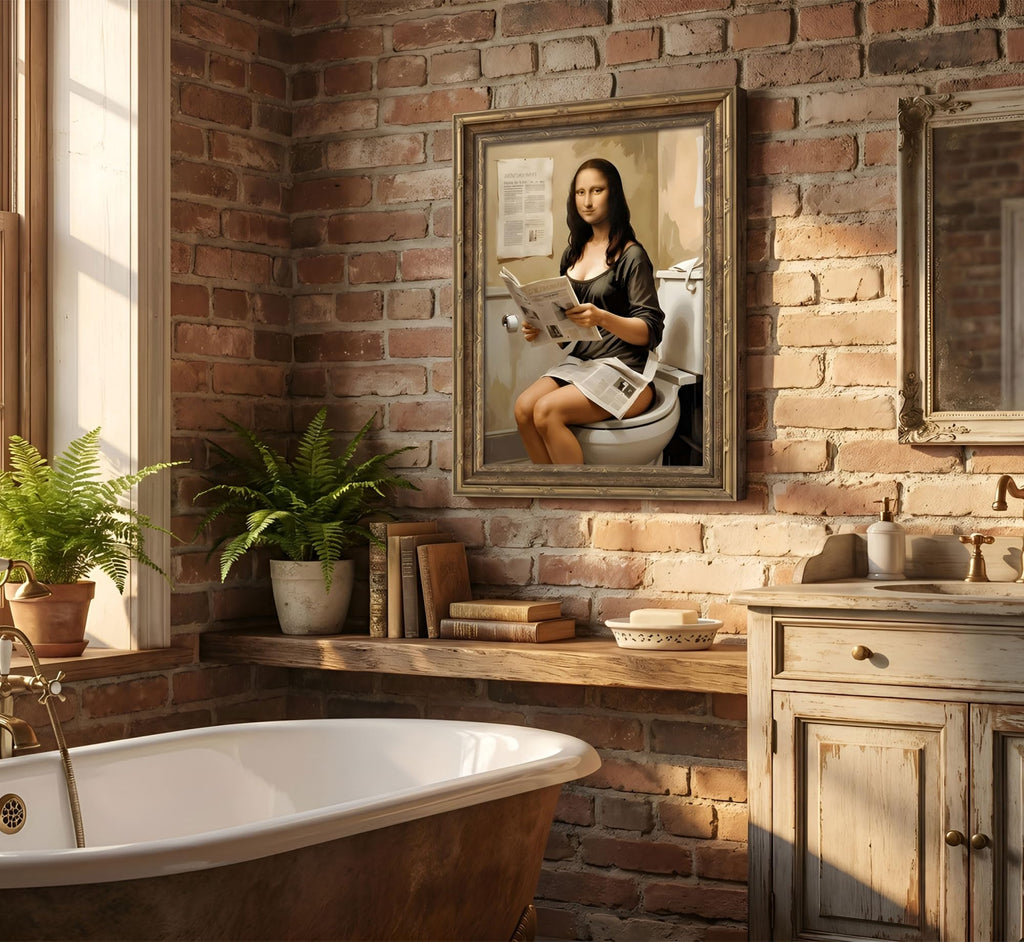 Vintage Gold Framed Funny Bathroom Mona Lisa Canvas Wall Art 12x16in