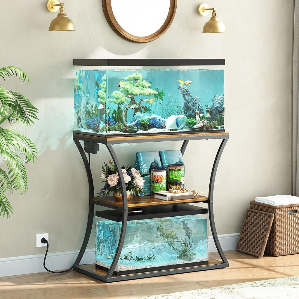 20-29 Gallon Fish Tank Stand with Power Outlet, 3-Tier Aquarium Stand with Storage, Heavy Duty Metal Frame Tank Rack
