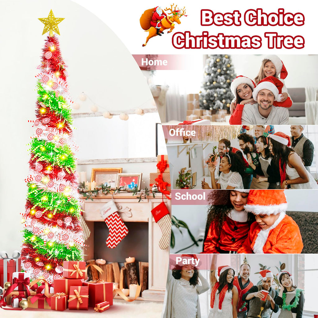 5FT Pop Up with 8 Rmote Lights Modes - 3 Color Sequin Tinsel, Collapsible Artificial Pencil Christmas Trees