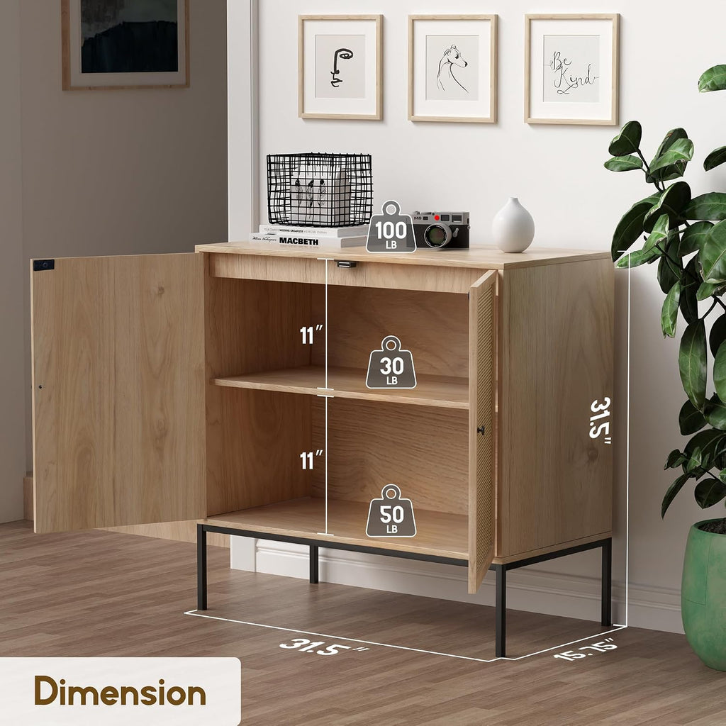 Rattan Sideboard Cabinet with 2 Doors, 31.5" Boho Buffet Credenza with Metal Legs, Natural Cane Accent Storage