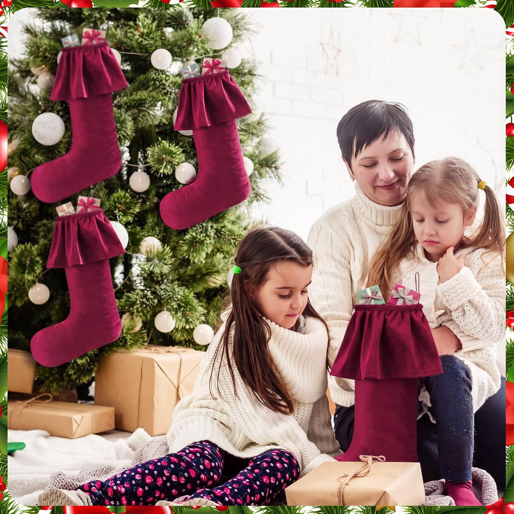 Inch Burgundy Velvet Christmas Stockings Ruffled Cuff - Set of 4