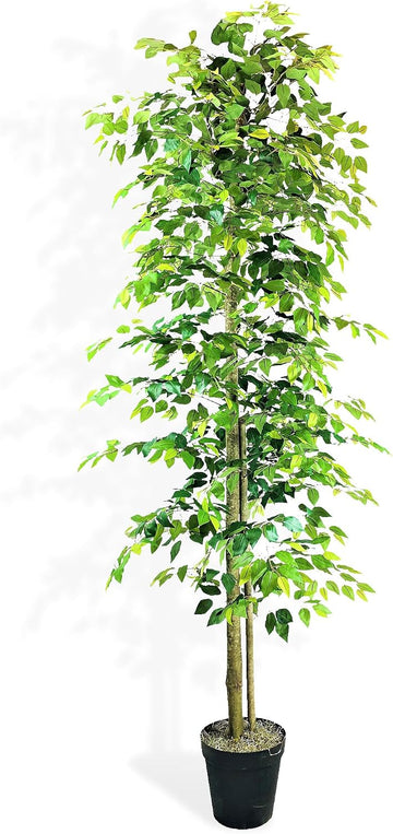10ft Artificial Ficus Tree in Black Plastic Pot - Real Wood Trunk, No Maintenance Indoor Faux Plant - Living Room