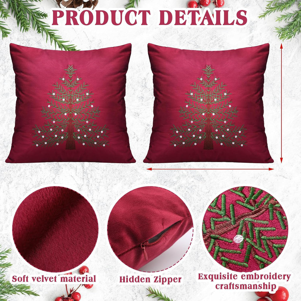 Burgundy Christmas Decoration Pillow Covers 18 X18 Inch Christmas Tree Decorative Red Velvet Embroidery - Set of 2