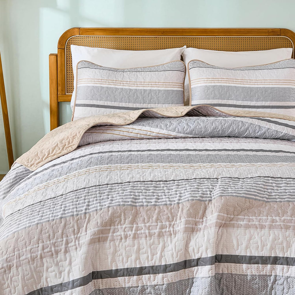 King Quilts Khaki, 3 Pieces Grey Boho Striped Bedspread Bedding for King Bed, Soft Lightweight Microfiber Bohemian
