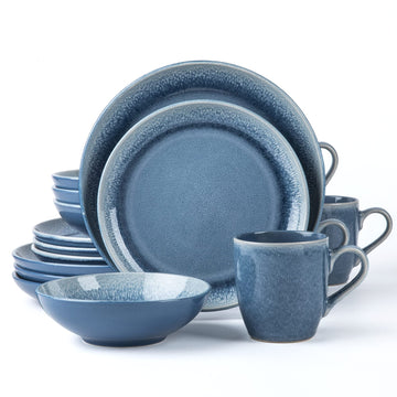 Round Stoneware 16pc Dinnerware Set for 4, Dinner Plates, Side Plates, Cereal Bowls, Mugs - Reactive Glaze Blue