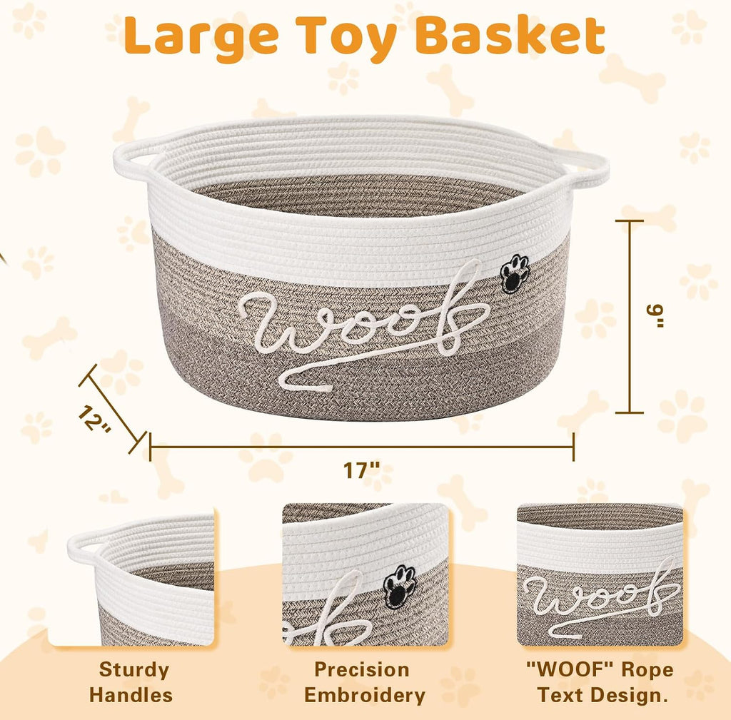30L Woof Dog Toy Basket with Handles, Large Dog Toy Storage Bin with Paw Print, Woven Dog Basket for Blankets, Toys