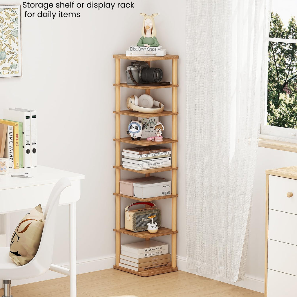 8 Tiers Vertical Shoe Rack, Tall Narrow Shoe Tower Corner Shoe Rack, Walnut