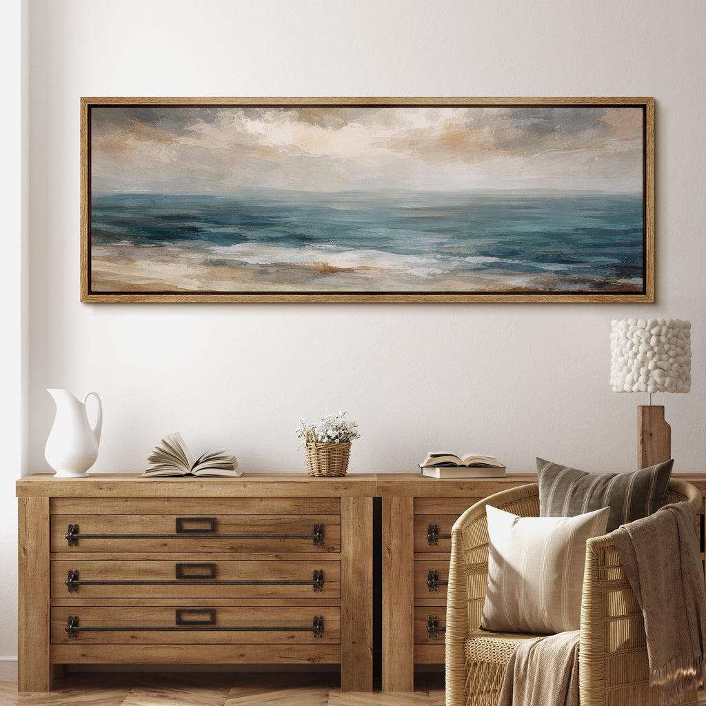 Large Framed Canvas Print Wall Art Coastal Ocean Waves Landscape Soft Neutral Seascape Antique Retro Ready to Hang