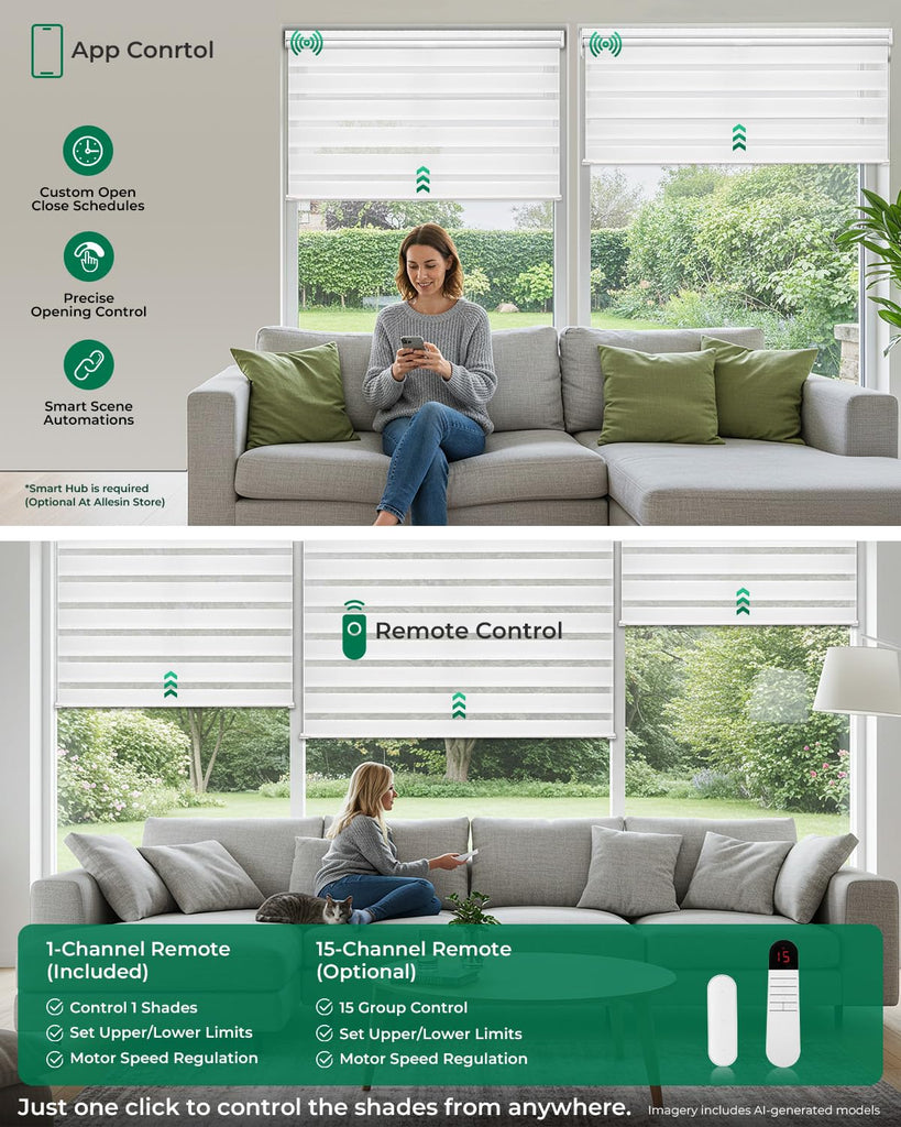 Motorized Zebra Blinds with Remote, Electric Dual-Layer Shades with Dry Battery-Powered, Smart Window Blind with
