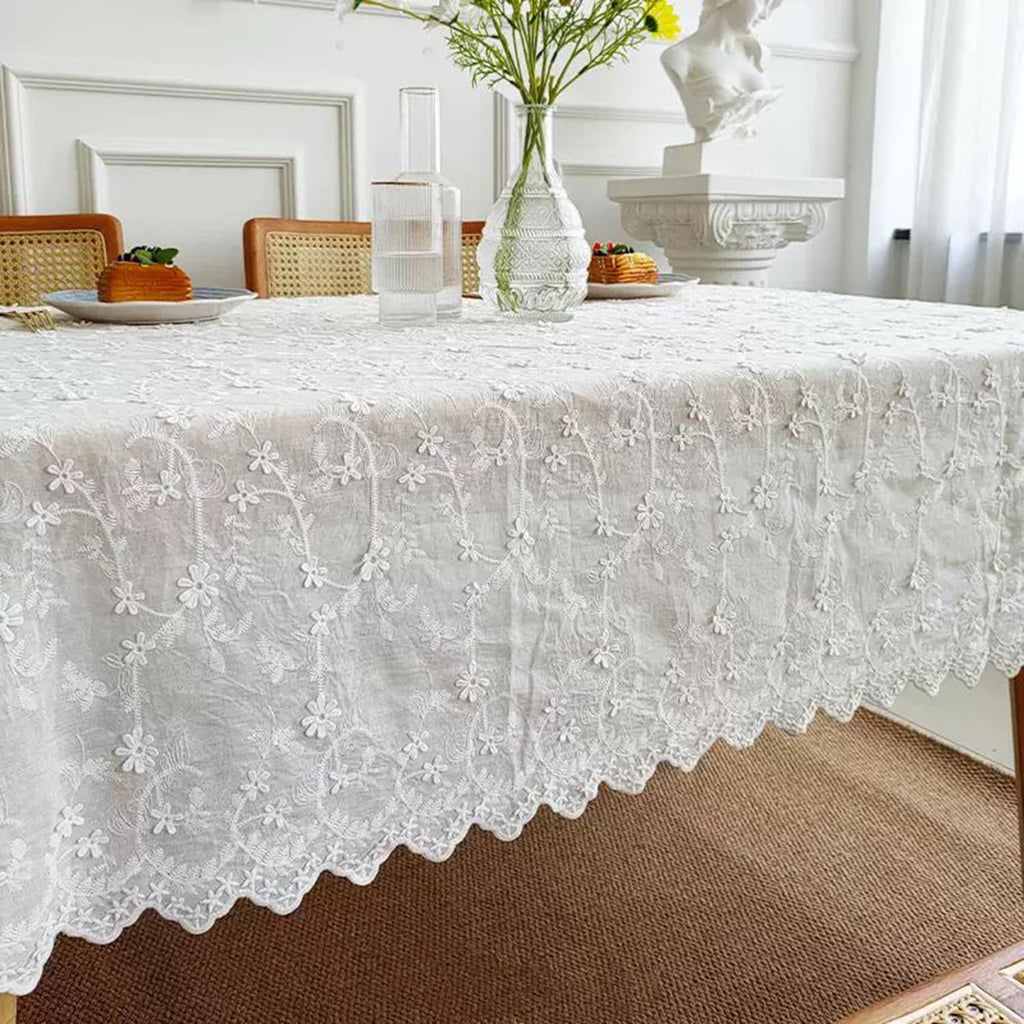 Beige Floral Embroidered Lace Tablecloth, Elegant Scalloped Edge Design, Vintage Farmhouse Style, Banquet, Wedding