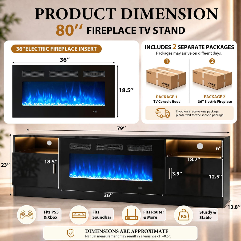 80" for TVs Up to 90", Entertainment Center with 36" Electric Fireplace and 12 Colors LED Lights, Large TV Console with
