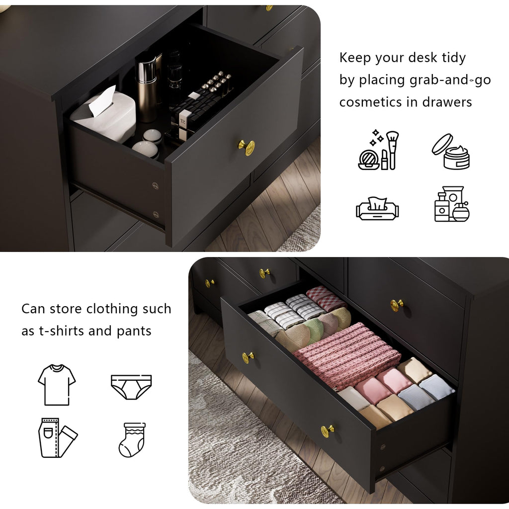 Black 7 Drawer Dresser, 55'' Wide Wood Chest of Drawers with Gold Handles, Modern Large Dressers Organizer, TV