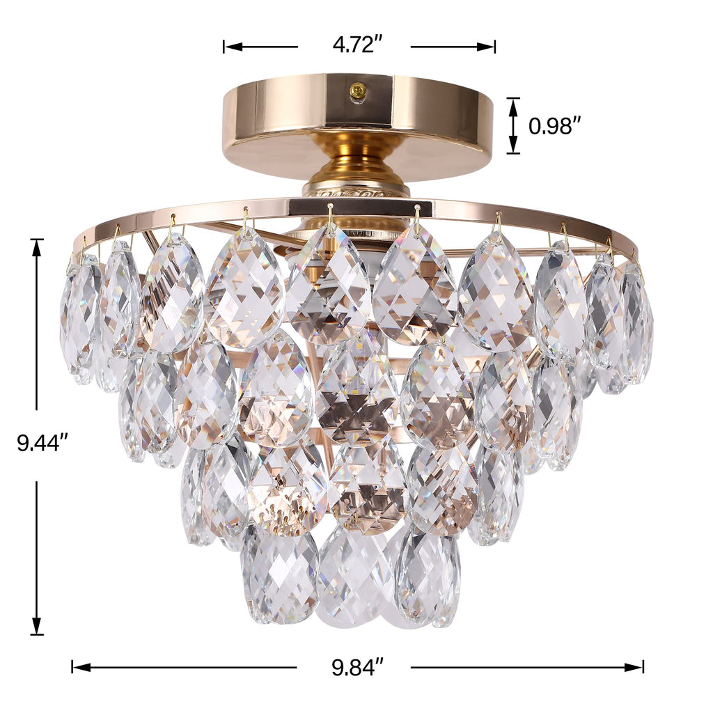 Gold Crystal Chandelier Small, Mini Ceiling Light Modern Flush Mount Crystal Chandelier Hallway Overhead Light
