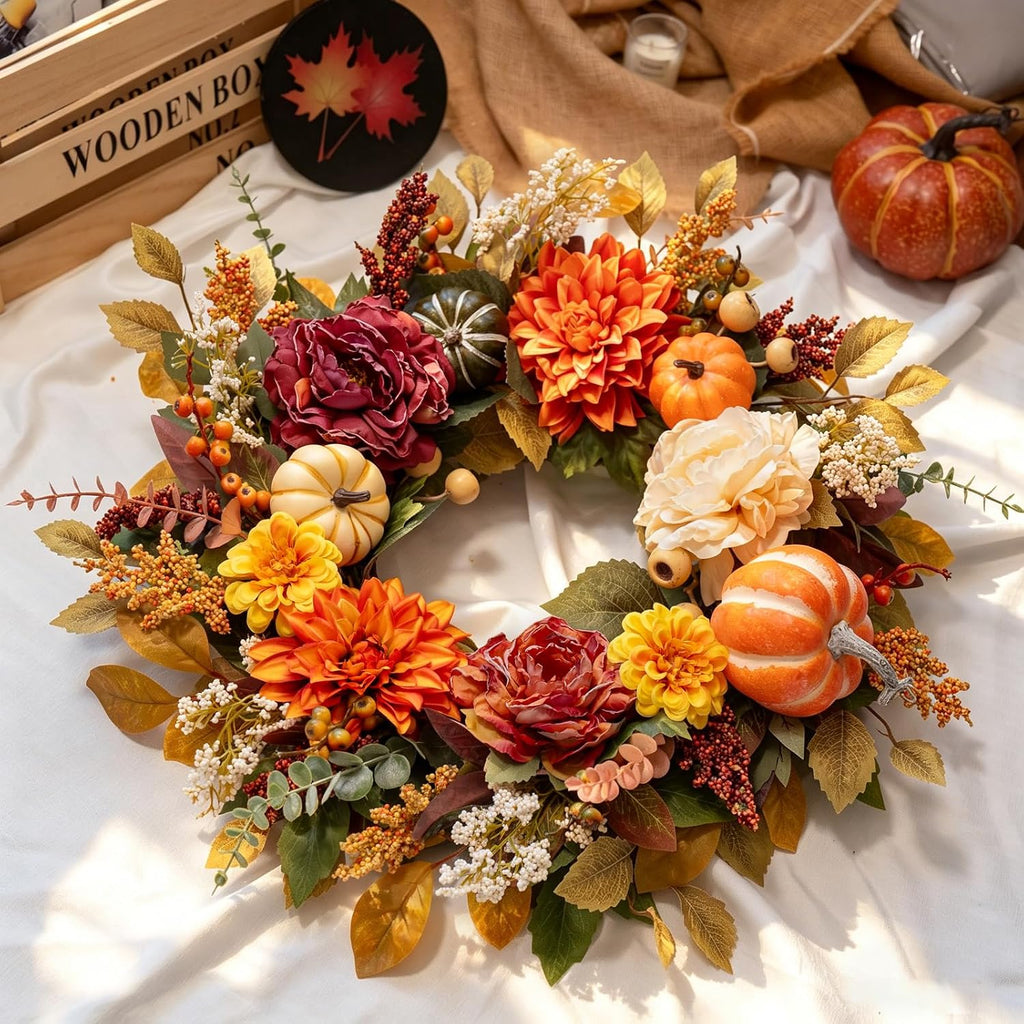 Fall Wreaths for Front Door Outside 24 Inch,Rustic Harvest Autumn Wreath