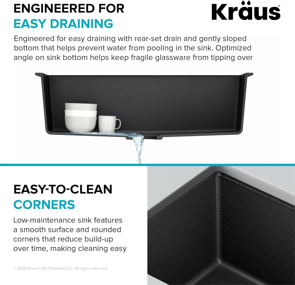 Black Onyx 31 in Undermount Granite Kitchen Sink KGU-413B | Quartz composite with metallic particles, heat-safe