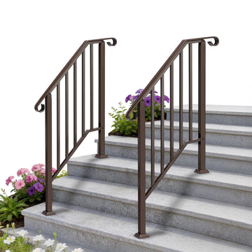 2 Pack Handrails for Outdoor Steps, Stair Handrail Kit Fits 1 to 5 Steps, Wrought Iron Hand Rail with Curved End &
