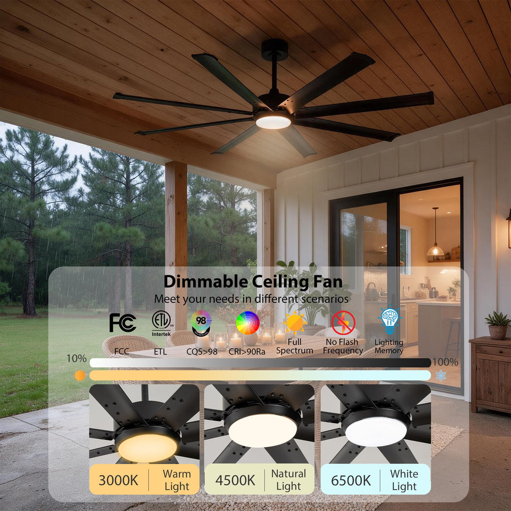 64 Inch Black Outdoor Ceiling Fan with Light Wet Rated Waterproof
