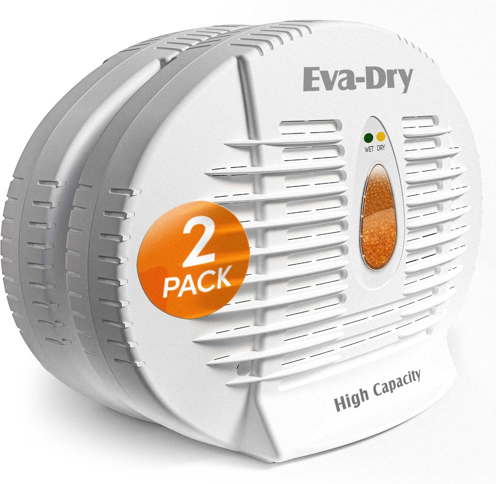 E-500 Renewable Dehumidifier 2-Pack (6 - 8 oz Capacity Each), White - Ideal for Closets, Bathrooms, Safes, Boats